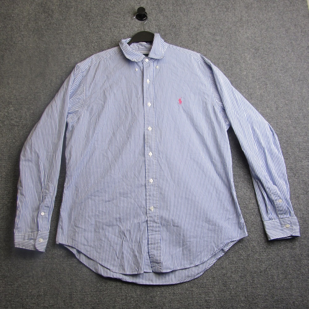 VTG Ralph Lauren Button Down Mens L Blue Striped Classic Fit Cotton Oxford Cloth
